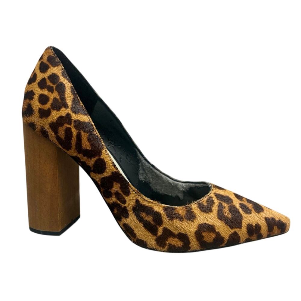 Leopard Cow Hair Pumps Pointed Toe Chunky Block Heel Y2K Office Siren 7.5M